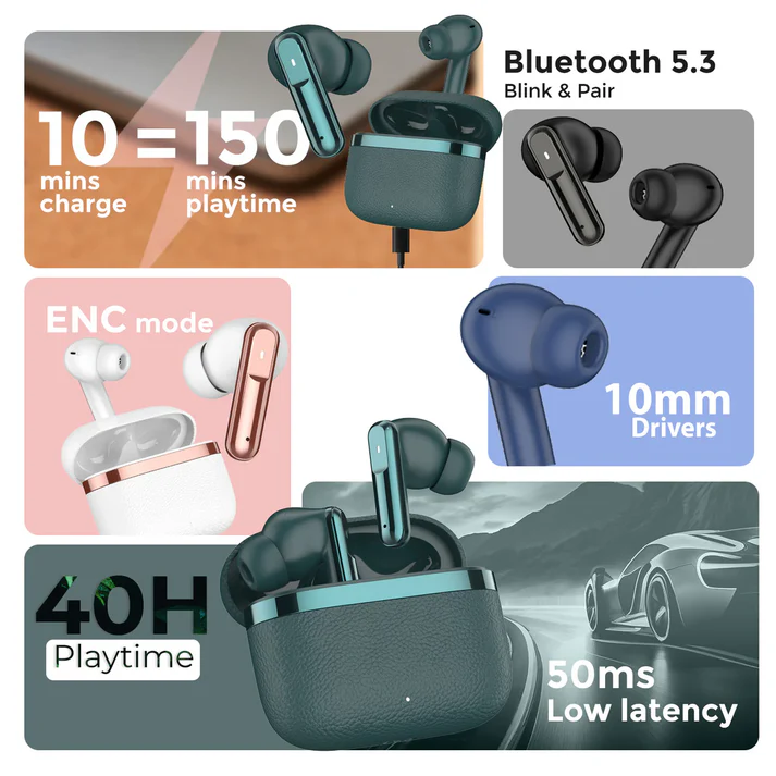 BlackBoar Leaf Truly Wireless in Ear Earbuds with 40H Playtime, ENC Mic, 50ms Low Latency, 10mm Bass Drivers, Type-C Fast Charging, IPX5 Ear Buds TWS - Wireless Earbuds - image 4